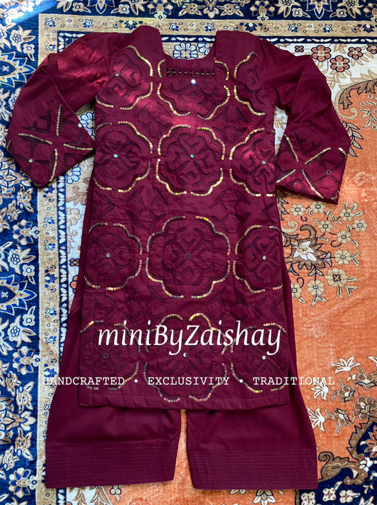 Chand wala Safaid - Handmade Applique work - Maroon