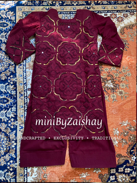 Chand wala Safaid - Handmade Applique work - Maroon