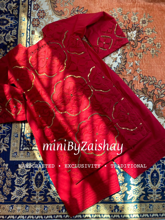 Chand wala Safaid - Handmade Applique work - Red