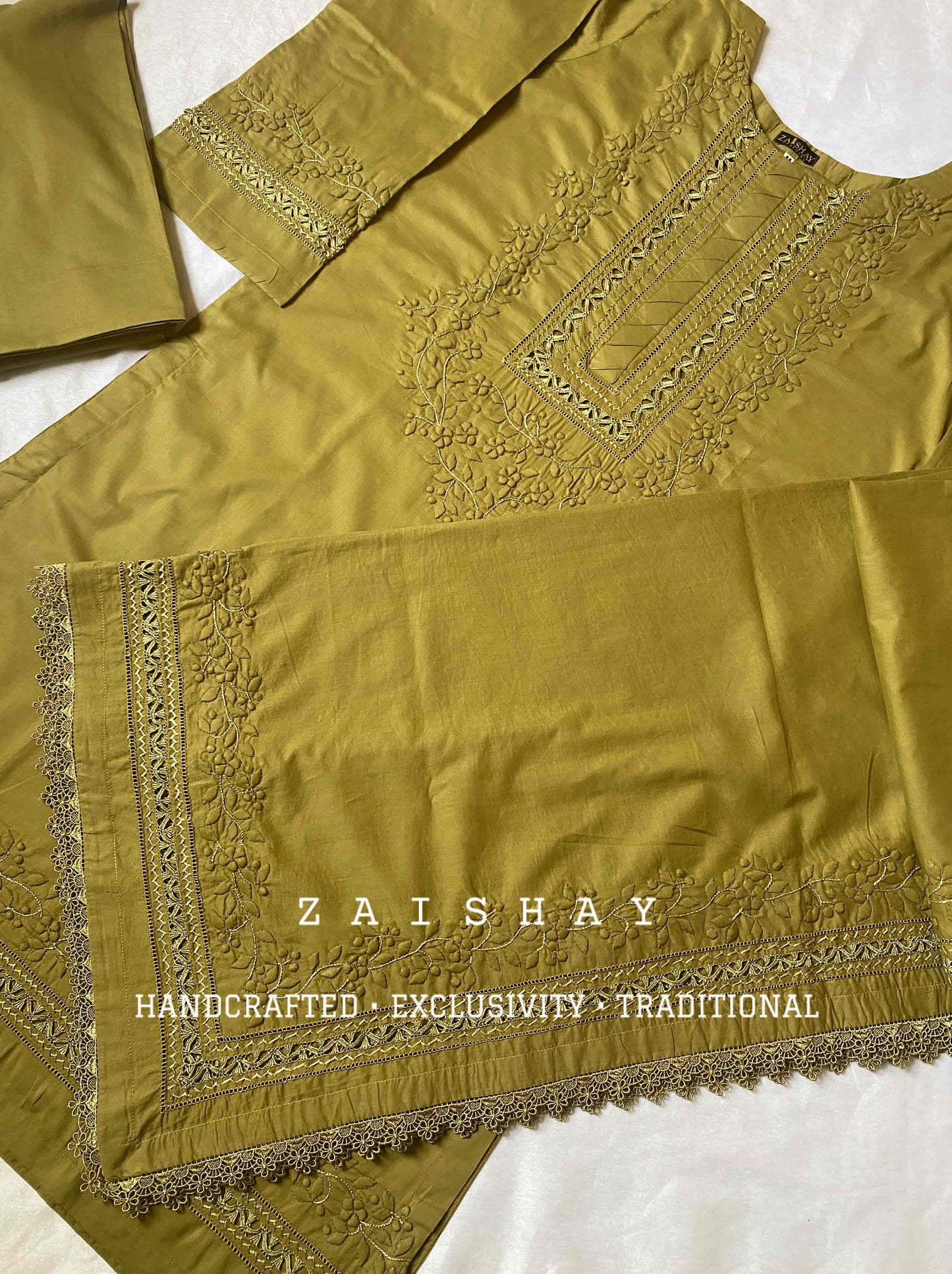 Hans Wala Safaid - Olive Green - Tarkashi & Tukri Work